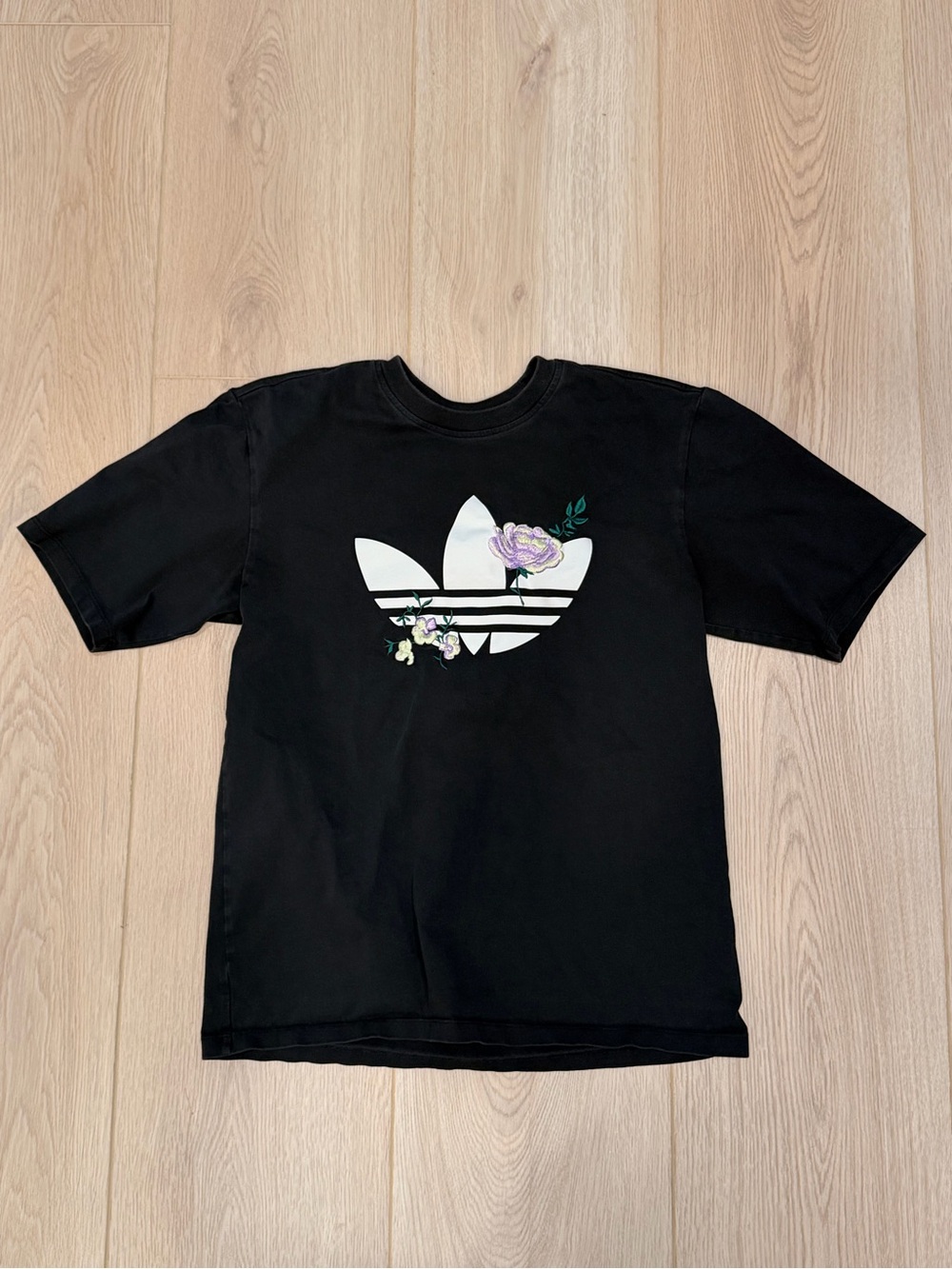 Adidas Originals Floral Trefoil Embroidered Black T-Shirt
